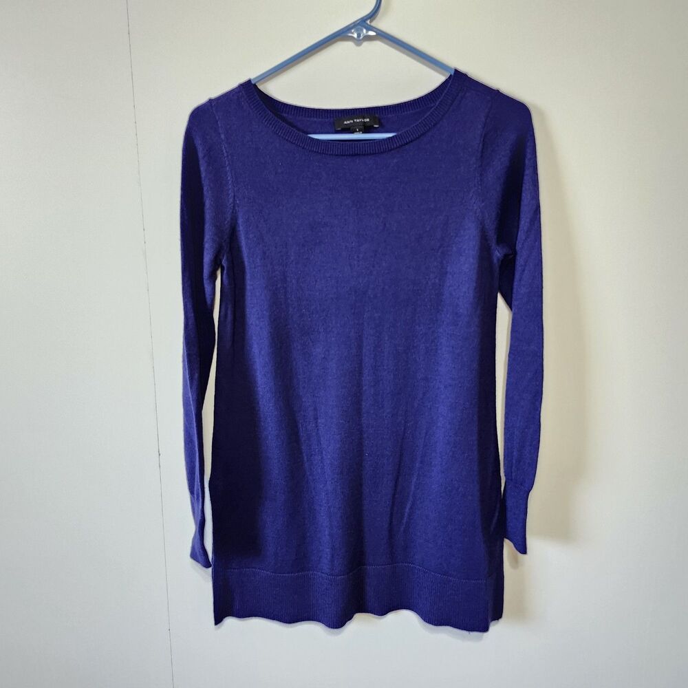 Ann Taylor Blue Purple Sweater Small Tunic Slit Lightweight Knit Wool Blend
